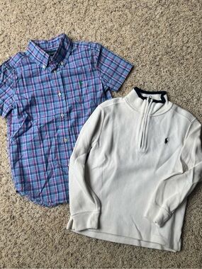 Ralph Lauren White Quarter-Zip with Navy Trim & Blue Plaid Button-Down